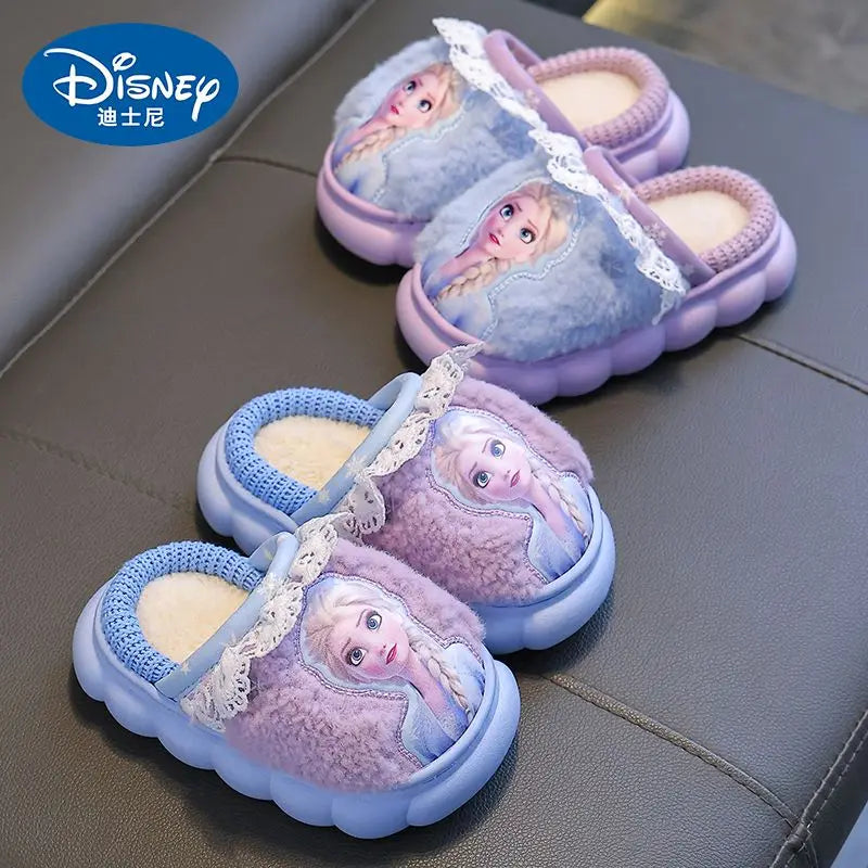 Disney Princess Elsa Frozen Slippers for Girls in Autumn Winter Indoor Warmth Non slip Children's Plush Cotton Blue Purple Shoes