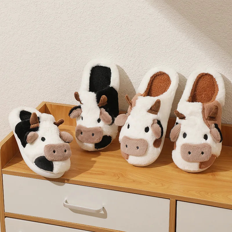 Cute Fluffy Cow Slippers Kawaii Fluffy Winter Warm Slippers Woman Cartoon Milk Cow House Slipper For Women Girls