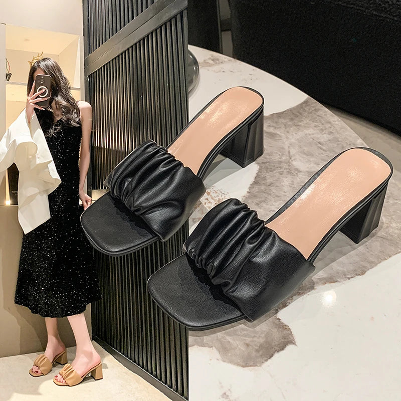 2024 New Summer Women Slippers Sandals Ladies Soft Comfortable  Pleate Sexy Thick High Heel Sandals Fashion High Heel Sandals