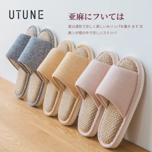 UTUNE Natural Linen Women's Slippers Mute Comfortable Indoor Home Couple Shoes Soft Sole Anti-slip Couple Four Season Slides