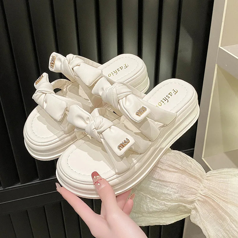 Slip-on Sandals for Women, New Summer 2024 Muffin Thick Soled Preppy Bow Open-toed Roman Shoes