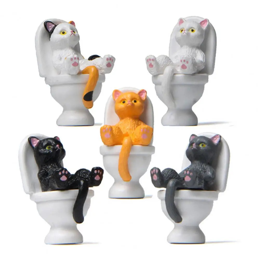 Cat Sitting On Figurines Toilet Cat Ornament Kawaii Cat Doll Micro Landscape Fairy Garden Miniature Cat Toys Home Decoration