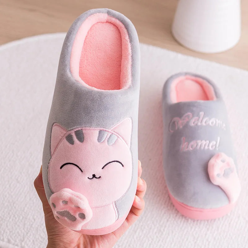 Hot Fluffy Fur Slippers Winter Cartoon Cat Pattern Womens Fur Slippers Cute Cartoon Warm Short Plush Couple Shoes Fleece Flats