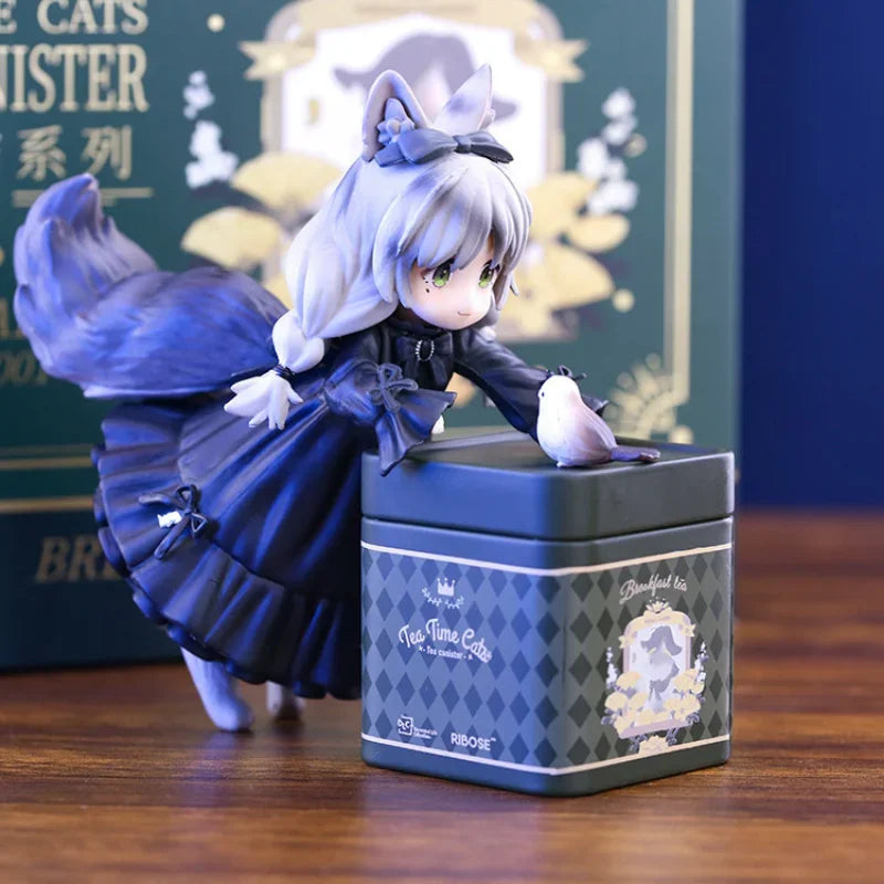 Cat Girl Lolita Figure Tea Box Anime Cute Ribose Star Statue Figurines Tea Can Jar Organizer Livingroom Decoration Home Ornament